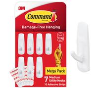 Command Utility Hooks, Medium, Value Pack of 7 Hooks in White and 10 Adhesive Strips for Indoor and Other Items up to 1.3kg - No Nails, No Holes, No