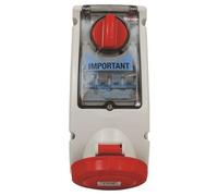 Commando Type Professional Quality Interlocked Switched Socket,16A, 5 Pin, 415V, 50-60Hz Three Phase, Red, IP67 IEC309, Empty Unit c/w Din-rail and hinged window for 4 modules