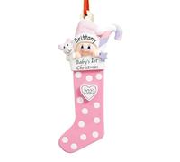 Commemorate a special arrival with a 2023 Pink Baby's First Christmas Ornament, featuring a polyresin baby girl's stocking design,tailored for newborn girl's as their first Christmas memento