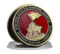 Commemorative Coin United States Marine Corps Iwo Jima Memorial Medallion - Uncommon Valor Inscription Military Heritage Iron Collectible Coin with Red Enamel for Patriotic Display