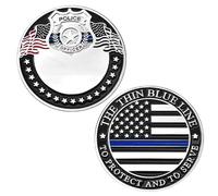 Commemorative Coin with Thin Blue Line Design, Police Officer Badge, Metal Emblem, American Flag Coin, Symbol of Protection, 999 Silver-Plated, 35g, 4x0.3cm