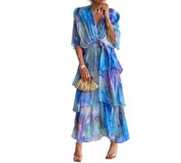 Commencu Dresses, Elegant Chiffon Dress - Effortless Grace for Every Occasion,V Neck Ruffle Layered Dress for Women (Blue,L)