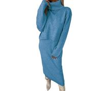 Commencu Midi Dress and Turtleneck Sweater Set, Turtle Neck Design, Ribbed Knit Long Sleeve, Dropped Shoulder, Bodycon Pencil Skirt Style, Cozy Warm Womens Outfit for Fall (Peacock blue,m)