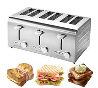 Commercial 2/4/6 Slices Stainless Steel Toaster, 7 Brownings Levels with Frozen/Cancel/Reheat Functions, Auto Pop-Up & Removable Crumb Tray for Home, Restaurants & Hotels 6-Slices