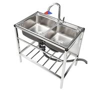 Commercial 304 Stainless Steel Sink 2 Compartment Free Standing Utility Sink w/Cold and Hot Taps, Prep & Utility Washing Hand Basin for Garage, Restaurant, Kitchen, Laundry Room, Outdoor