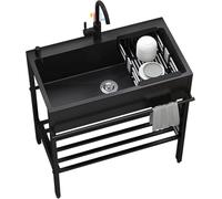 Commercial Black Stainless Steel Outdoor Utility Sink, Single Bowl Station with Drainer and Tap, 68x45x85cm, for Bar Kitchen Hotel (80X45X86cm)