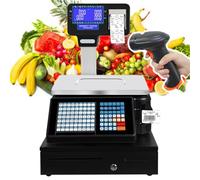 Commercial Cash Register,Label Printing Scales, Digital Barcode Weighing Scales with Pole Display, Back Front Dual Display, Receipt Label Printing Scale with Cash Register Machine+Scanner+Cashbox