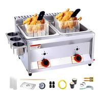 Commercial Countertop LPG Gas Deep Fat Fryer Dual Tanks with 10Lx2/3 Basket and Lid Stainless Steel Large Capacity Propane LPG with Metal Tube for French Fries Home Kitchen Restaurant (2 Baskets)