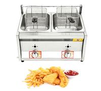 Commercial Countertop LPG Gas Deep Fat Fryer Dual Tanks with 10Lx2 Basket and Lid Stainless Steel Large Capacity Propane LPG with Metal Tube for French Fries Home Kitchen Restaurant