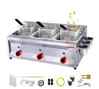 Commercial Countertop LPG Gas Deep Fat Fryer, Dual Tanks with Basket and Lid, Stainless Steel, Large Capacity, for French Fries, Home Kitchen Restaurant Use