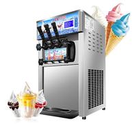 Commercial Ice Cream Machine, Soft-Serve Maker with Three Flavors, 18L/hour, 1200W, Countertop, Automatic Cleaning, Adjustable Hardness for Coffee Shops and Restaurants