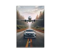Commercial Jet Low Flight Over Forest Road with Modern Car Sunset Speed Poster Poster Decorative Painting Canvas Wall Posters And Art Picture Print Modern Family Bedroom Decor Posters 12x18inch(30x45c