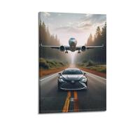 Commercial Jet Low Flight Over Forest Road with Modern Car Sunset Speed Poster Poster Decorative Painting Canvas Wall Posters And Art Picture Print Modern Family Bedroom Decor Posters 20x30inch(50x75c