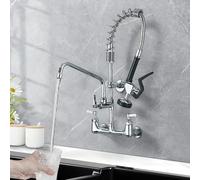 Commercial Kitchen Faucet Wall Mounted 8-Inch Center Tap with Pull Down Spray & Pre-Flush Spray Heavy Duty Sink Mixer for Restaurant & Home Kitchen
