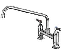 Commercial Kitchen Mixer Tap Double Wheel Handle with Swivel Spout Sink Tap, 2 Hole 8 Inch Center Deck Mounted, Brass Constructed Polished Chrome (12inch spout)
