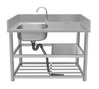 Commercial Kitchen Sink with Workbench & Double Storage Shelves - Free Standing Single Bowl Utility Sink for Restaurants, Outdoors or Home Use (90x50x80cm)