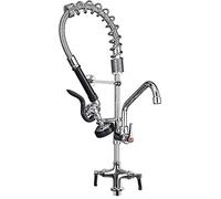 Commercial Pre Rinse Kitchen Tap with Pull Down Sprayer Brass Constructed Polished Chrome Single Hole Faucet Deck Mount Double Handle,12 Inch Add on Swing Spout,5808