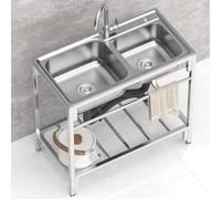 Commercial Restaurant Sink, Stainless Steel Free Standing Kitchen Sink with Hot and Cold Faucet, Double Bowl Catering Sink for Laundry Room