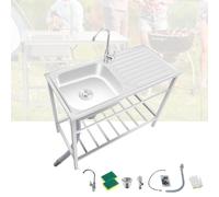 Commercial Restaurant Sink Utility Outdoor Garden With Faucet And Sponge Brush FreeStanding Single Stainless Steel W/Workbench & Storage Shelves For Garage Laundry Room(75x40cm)