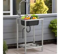 Commercial Sink Mobile Kitchen Catering Stainless Steel Sinks Free Standing Outdoor Garden Portable Single Bowl Wash Basin with Hot and Cold Water Faucets and Storage Shelf