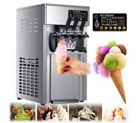 Commercial Soft Ice Cream Maker Machine - Professional Slushy Maker, LED Display, 3 Flavors, Output 16-18L/H, Dual 3L Basins, Shortage Alert