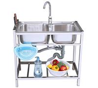 Commercial Stainless Steel 2 Bowl Kitchen Sink, Outdoor Freestanding Utility Sink with Hot and Cold Faucet for Restaurant, Laundry, Garage(86x44x75cm)