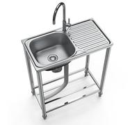 Commercial Stainless Steel Kitchen Sink 80x75x40cm Single Bowl with Hot & Cold Faucet Mobile Design Storage Shelves Workbench & Drainer for Indoor/Outdoor Use