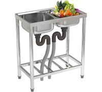 Commercial Stainless Steel Kitchen Sink - Double Bowl with Tap Hole, Drain & Storage Shelf - Free Standing Outdoor Catering Sink