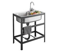 Commercial Stainless Steel Kitchen Sink Free Standing Utility Sink with Hot & Cold Faucets Drainer Unit Mobile for Garage Indoor Outdoor Farmhouse Black 48x35x75cm