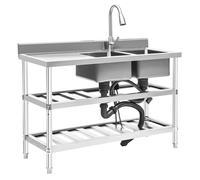 Commercial Stainless Steel Sink 120 x 45 x 81 cm Right Double Bowl with 3 Levels Storage Shelf Cold and Warm Tap Freestanding Utility Sink for Commercial Kitchen Restaurant Bar Laundry