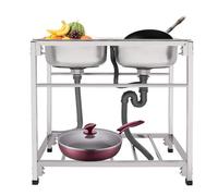 Commercial Stainless Steel Sink,83 * 43.94 * 76.96 cm,Double Bowls Utility Sink with 2*Outlet Pipes, Kitchen Freestanding, Pre-drilled Faucet Hole(Excludes Tap) Suitable for Shops, Garages, Kitchens