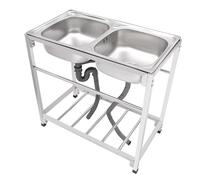 Commercial Stainless Steel Sink, 83 x 43.94 x 76.96 cm, Double Sink, Portable Freestanding Catering Sink, Commercial Restaurant Sink, Double Basin Station for Hotel, Garage, Laundry Room, Garden