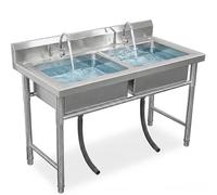 Commercial Stainless Steel Sink, Extra Large Deep Wash Tub with Tilted Splash Guard & Crossbeams, Heavy Duty Freestanding Utility Station