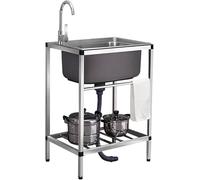 Commercial Stainless Steel Utility Sink with Faucet & Drainboard - Heavy-Duty Single Bowl Sink for Garage, Restaurant, Kitchen, and Laundry Room (53x38x75cm, Cold Water)