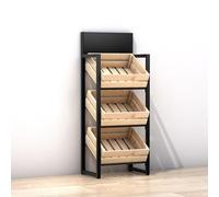 Commercial Supermarket Fruit & Vegetable Shelf 3 4 Tier, Large Capacity Retail Snack Rack Display with Wood Baskets, Kitchen Onion Potato Produce Holder Stand