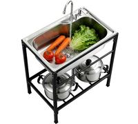 Commercial Utility Sink, Laundry Sink Thickened Stainless Steel with Sturdy Floor Mount Stand & Faucet for Restaurant, Laundry Room, Warehouse, Workshop