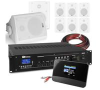 Commercial Wall Mounted Music System with Internet & DAB+ Radio, 8 White Weatherproof Speakers, 240W Mixer Amplifier - Bluetooth Streaming, WiFi & Ethernet Connectivity for Offices, Cafes, Outdoors