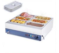 Commercial Wet Bain Marie 6 x 1/3 GN - 150mm Deep Pans with Lids & Drain. 2000W High Power Electric Food Warmer, Digital 0-110°C. Heavy Duty 304 Stainless Steel for Large Catering