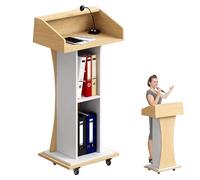 Commercial Wooden Podium Stand on Wheels - Heavy Duty Portable Pulpit for Lectures, Reception, and Meetings - Narrow Speaking Table for Auditorium & Restaurant (Natural Finish)