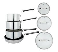 Commichef 4-Piece Cookware Set in Tri-Ply Stainless Steel, Includes 16cm, 18cm, 20cm Saucepans with lids & 24cm Frying Pan, Stackable Design