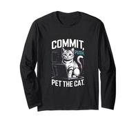 Commit Push Pet The Cat Coding Cat Humor Long Sleeve T-Shirt