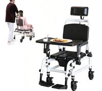 Commode Chair for Toilet, Wheeled Shower Chair with Soft Seat Padding and Brakes, Tilt-in-Space Reclining Wheelchair with Commode Pail and Table Top