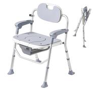 Commode for Seniors, Folding Commode with Armrests and Backrest, Fifth Gear Height Adjustable, Removable, Widening, Robust Toilet Chair (Grey)