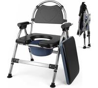 Commode Toilet Chair, Folding Commode Chair with Padded Seat, Height Adjustable Portable Toilet Chair for Elderly, Lightweight Bedside WC Frame with Removable Bucket & Safety Locks for Bedroom & Bathr