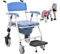 Commode Toilet Chair with Wheels - Foldable Portable Shower Wheelchair, Waterproof with Locking Wheels, Lightweight Bedside Commode for Easy Mobility