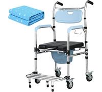Commode Wheelchair, Adjustable Height ble Toilet Chair Wheeled Shower Chair Stable Lightweight Thick Padded Seat Toilet Bath Chair for Elder Disabled (A)
