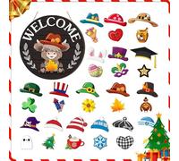 Commonplact 35PCS Interchangeable Welcome Sign Highland Cow Sign, Hanging Seasonal Cow Head Wooden Front Door Decor with Interchangeable Hat Magnet Swappable Pieces for Farmhouse Holiday(Style-D)