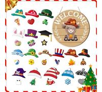 Commonplact 35PCS Interchangeable Welcome Sign Highland Cow Sign, Hanging Seasonal Cow Head Wooden Front Door Decor with Interchangeable Hat Magnet Swappable Pieces for Farmhouse Holiday(Style-B)