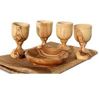 Communion Cups/Cup/Chalice Set, Lord's Supper - Wooden Bread Tray with Four Medium-Sized Handmade Olive Wood Cups Also for Eucharist of Holy Communion in Christian congregations in a