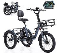 Commuter Folding Electric Tricycle for Adults, 48V 13Ah 45km Range, Brushless Motor, 200kg Load, Front/Rear Disc Brakes, for Shopping/Exercise, Grey